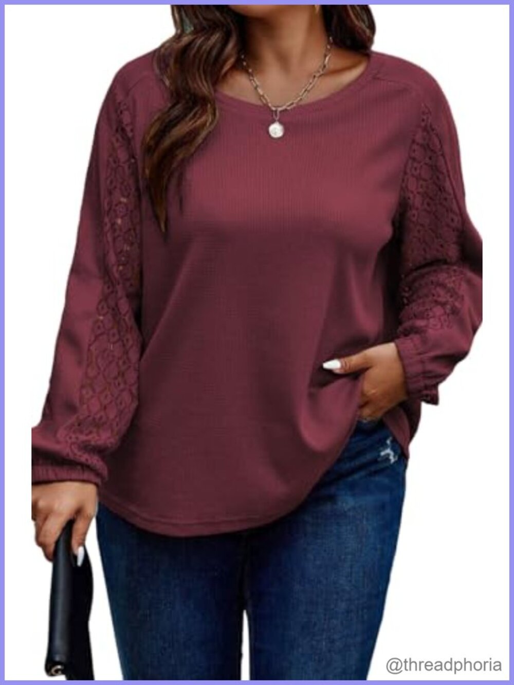 Plus Size Waffle Knit Lace Long Sleeve Crewneck Tee